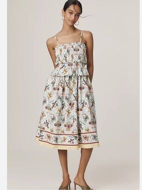 Anthropologie Smocked Tiered White Floral Midi Dress